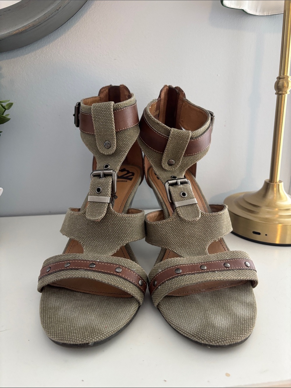 Fergalicious green and Brown Strappy Mid Heel Sandals